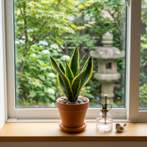 Snake plant in terracotta pot on a windowsill with garden outside