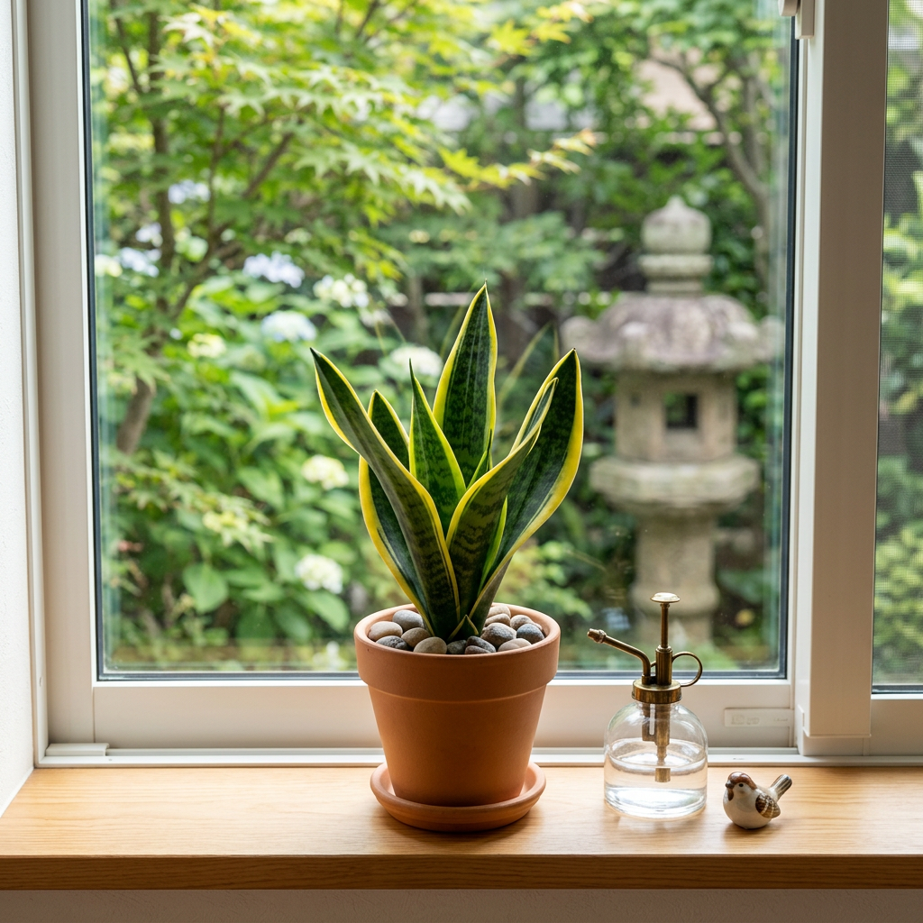 Snake plant in terracotta pot on a windowsill with garden outside